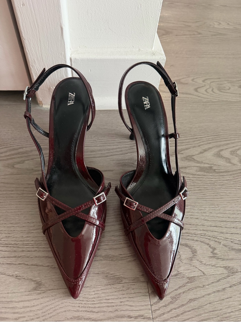 Zara Burgundy Patent Pointed Slingback Heels with Cross Straps